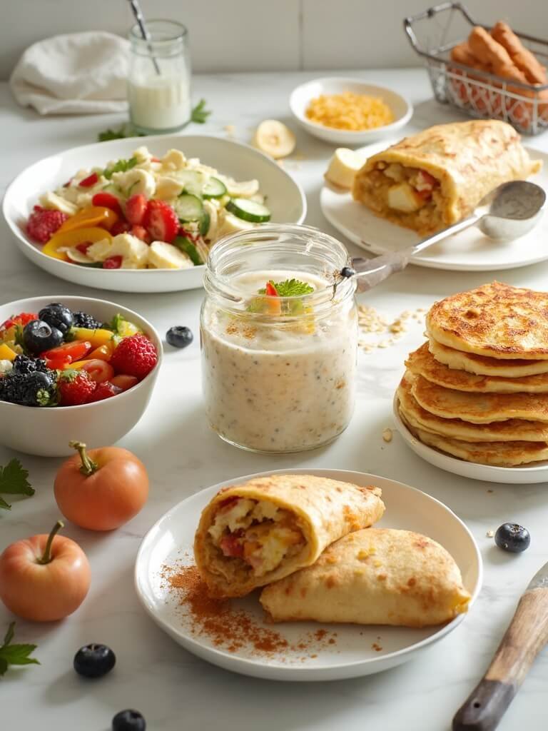 "Assortment of budget-friendly breakfast dishes including overnight oats, a cottage cheese bowl, a breakfast burrito, banana pancakes, and French toast sticks on a clean, white marble countertop"
