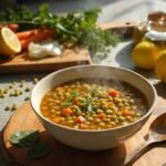 "Overhead shot of a steaming bowl of lentil soup with vegetables and herbs on a rustic kitchen counter, surrounded by fresh ingredients and cooking utensils, in soft natural light."