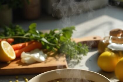 "Overhead shot of a steaming bowl of lentil soup with vegetables and herbs on a rustic kitchen counter, surrounded by fresh ingredients and cooking utensils, in soft natural light."