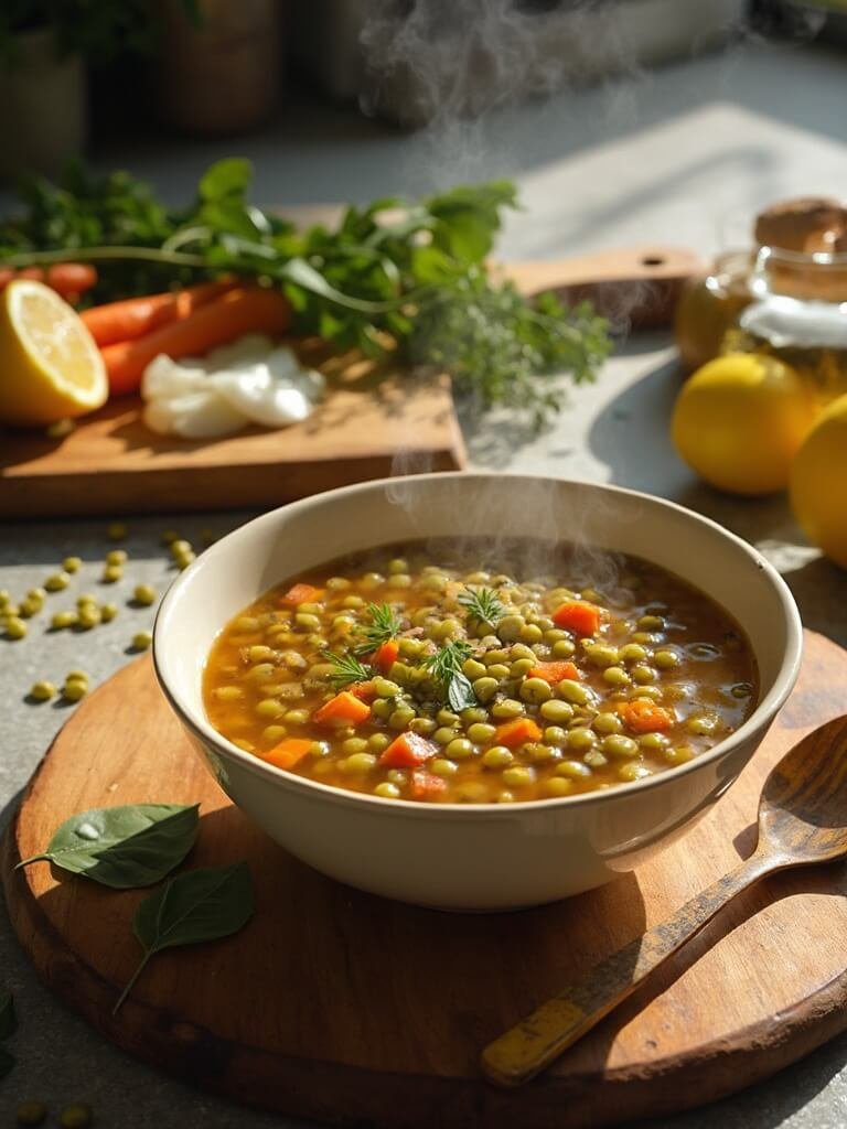 "Overhead shot of a steaming bowl of lentil soup with vegetables and herbs on a rustic kitchen counter, surrounded by fresh ingredients and cooking utensils, in soft natural light."
