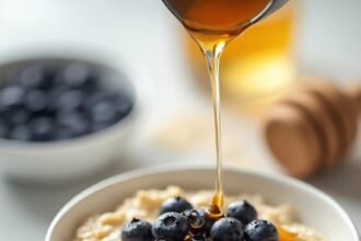 "Creamy oatmeal topped with fresh blueberries and drizzled honey on a clean marble countertop"
