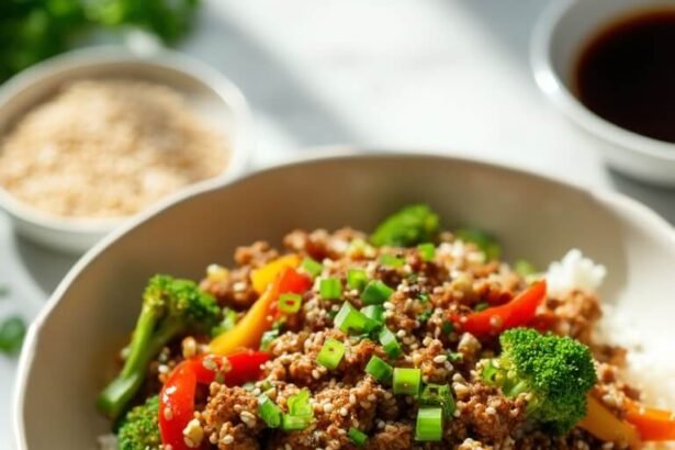 "Overhead shot of a budget pork stir-fry with ground pork, colorful vegetables, rice and toasted sesame seeds on a clean marble countertop."