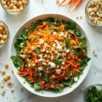 "Overhead shot of carrot and chickpea salad with arugula, feta, and toasted almonds in a white bowl on a marble surface"
