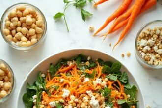 "Overhead shot of carrot and chickpea salad with arugula, feta, and toasted almonds in a white bowl on a marble surface"