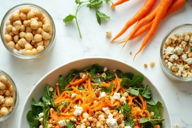 "Overhead shot of carrot and chickpea salad with arugula, feta, and toasted almonds in a white bowl on a marble surface"