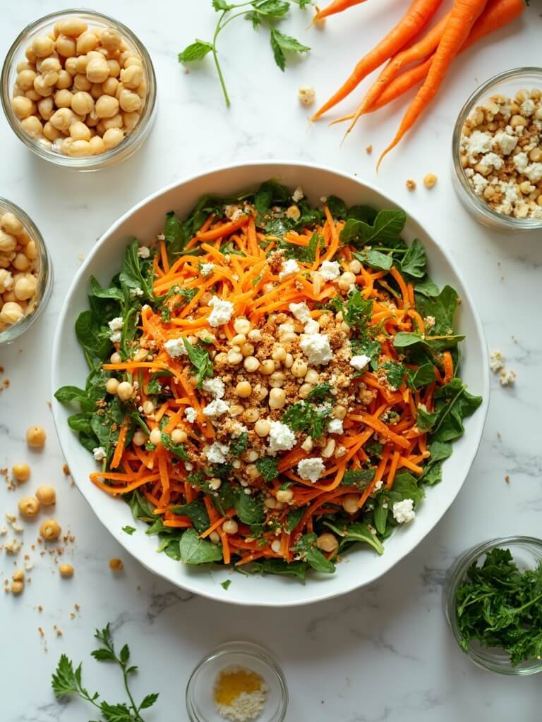 "Overhead shot of carrot and chickpea salad with arugula, feta, and toasted almonds in a white bowl on a marble surface"