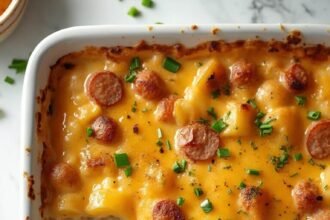 "Overhead shot of a golden-brown cheesy ranch potato and smoked sausage casserole in a white dish on a marble countertop, garnished with spring onions and parsley, with a serving spoon beside it"