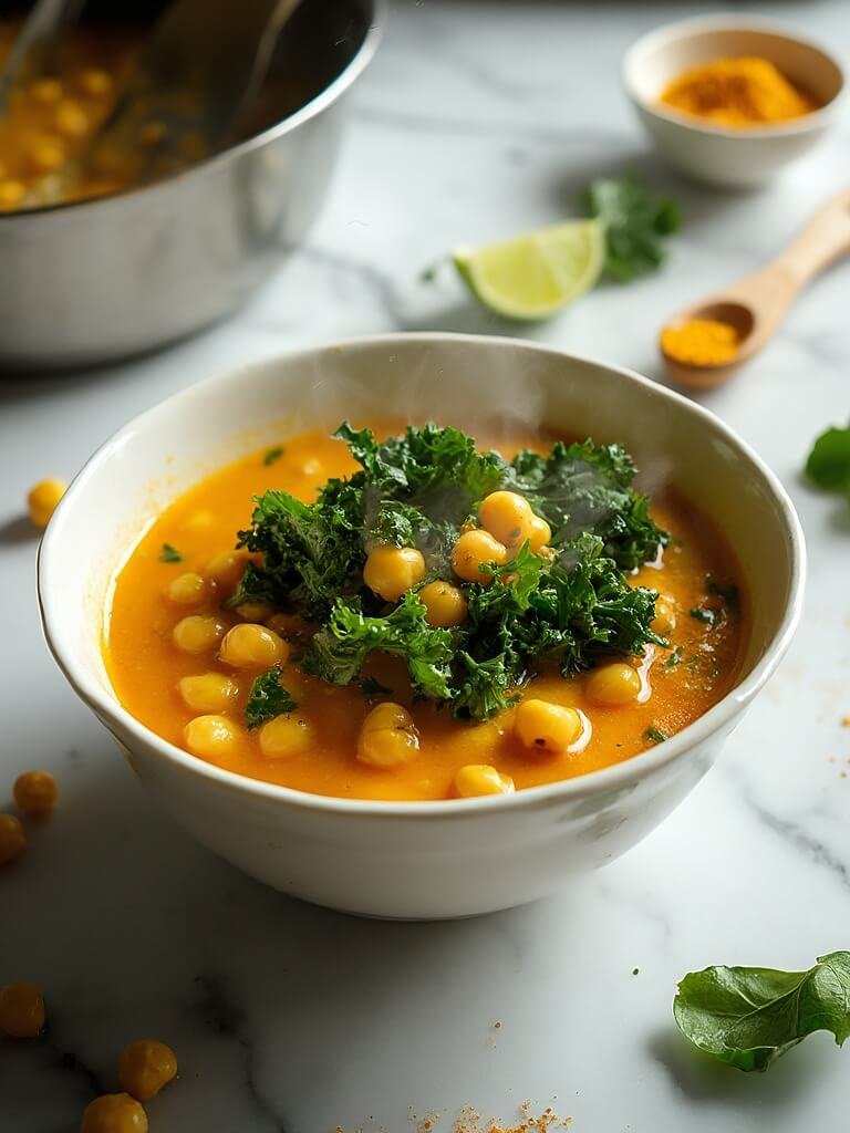 "Overhead shot of chickpea coconut curry with wilted kale on a clean marble background, with key ingredients scattered around."