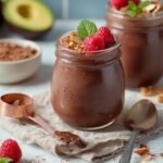 "Chocolate protein pudding in mason jars, garnished with raspberries and almonds, with ingredients like Greek yogurt and cocoa powder on marble background"