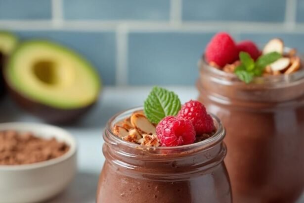 "Chocolate protein pudding in mason jars, garnished with raspberries and almonds, with ingredients like Greek yogurt and cocoa powder on marble background"