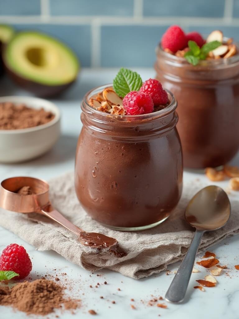 "Chocolate protein pudding in mason jars, garnished with raspberries and almonds, with ingredients like Greek yogurt and cocoa powder on marble background"