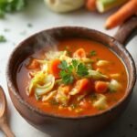 "Overhead shot of traditional cabbage soup garnished with fresh parsley, served in a rustic ceramic bowl on a clean white marble surface."