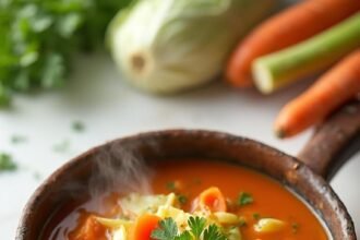 "Overhead shot of traditional cabbage soup garnished with fresh parsley, served in a rustic ceramic bowl on a clean white marble surface."