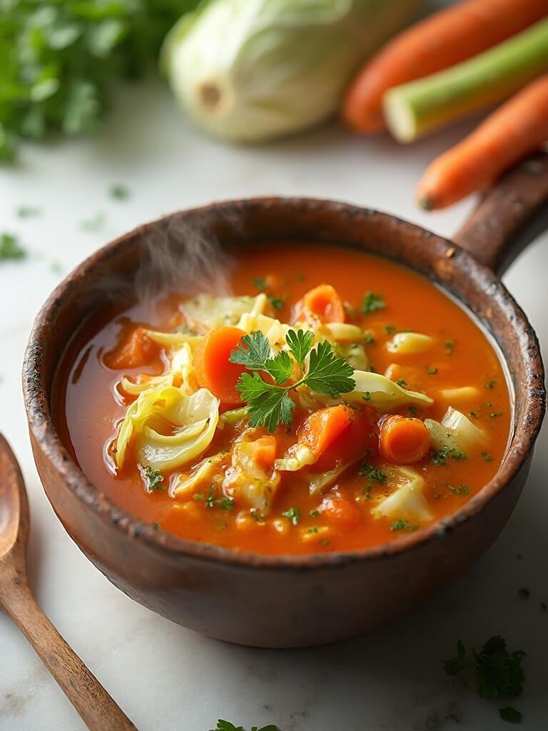 "Overhead shot of traditional cabbage soup garnished with fresh parsley, served in a rustic ceramic bowl on a clean white marble surface."