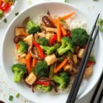 "Overhead shot of a colorful, steaming stir fry with vegetables, chicken, and rice in a white bowl, garnished with scallions and sesame seeds, with chopsticks and fresh ingredients around, on a clean white background."