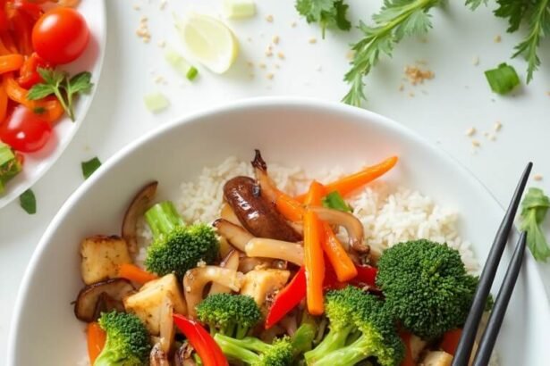 "Overhead shot of a colorful, steaming stir fry with vegetables, chicken, and rice in a white bowl, garnished with scallions and sesame seeds, with chopsticks and fresh ingredients around, on a clean white background."