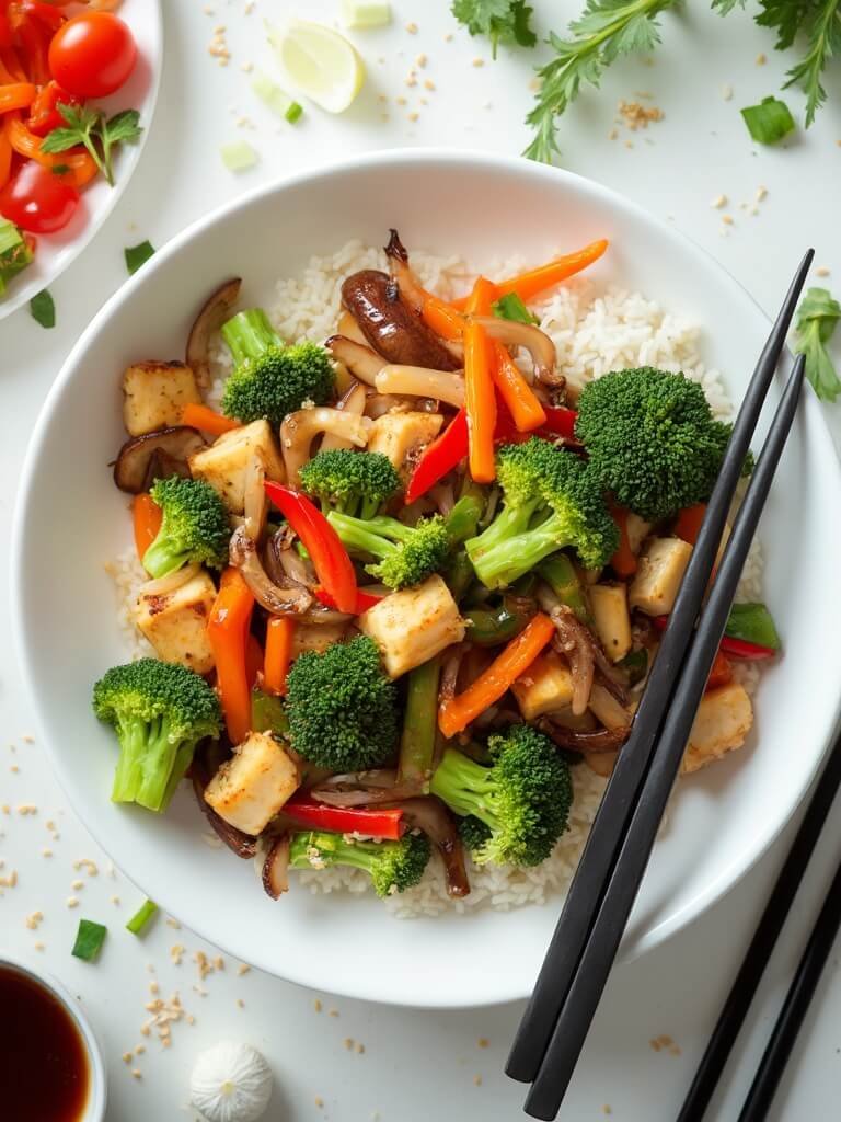 "Overhead shot of a colorful, steaming stir fry with vegetables, chicken, and rice in a white bowl, garnished with scallions and sesame seeds, with chopsticks and fresh ingredients around, on a clean white background."