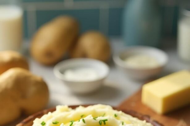 "Creamy mashed potatoes in a rustic bowl garnished with chives and melting butter, with ingredients in the background on a clean marble countertop"