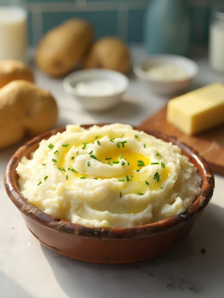 "Creamy mashed potatoes in a rustic bowl garnished with chives and melting butter, with ingredients in the background on a clean marble countertop"