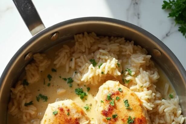 "Overhead view of creamy smothered chicken and rice on a clean white marble countertop, garnished with parsley flakes."