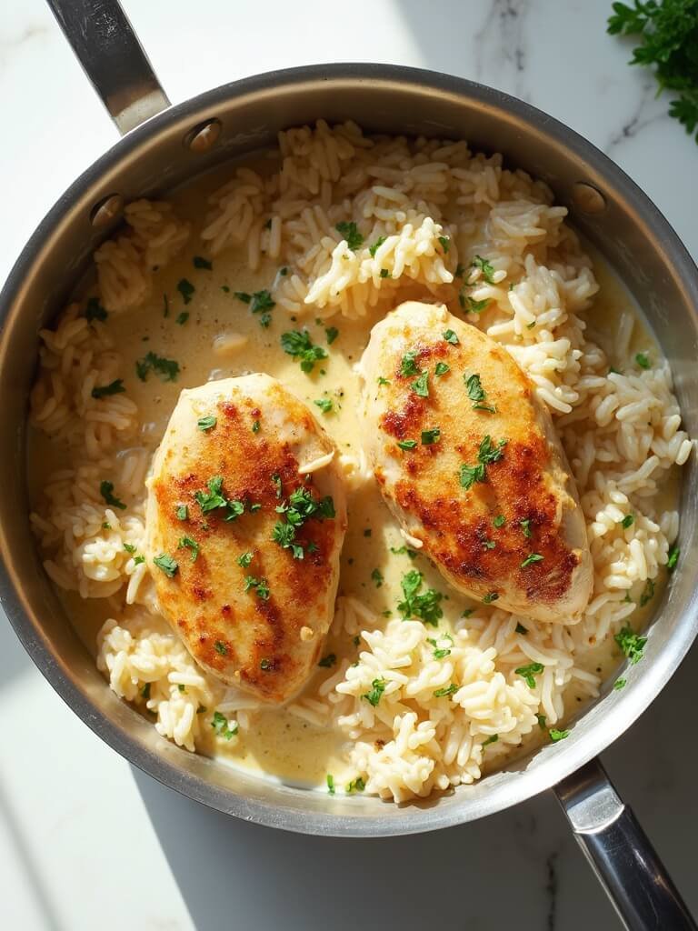 "Overhead view of creamy smothered chicken and rice on a clean white marble countertop, garnished with parsley flakes."