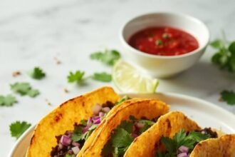"Overhead view of crispy black bean tacos garnished with cilantro and onion on a clean white marble background, with fresh salsa and lime wedges in the background."