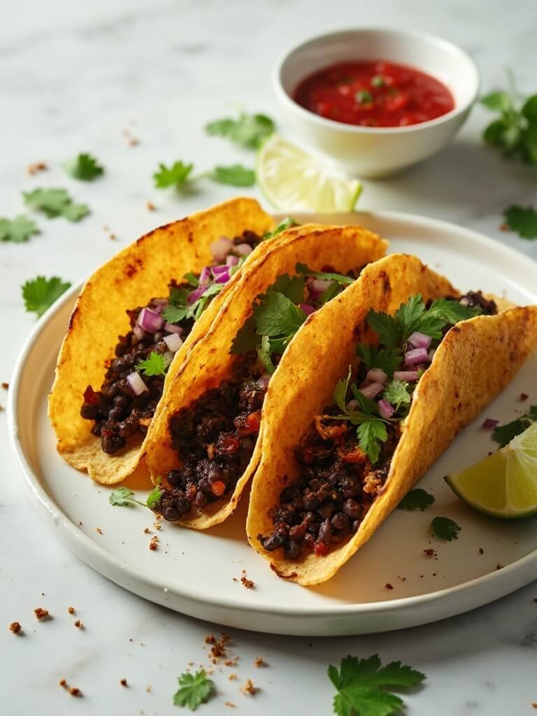 "Overhead view of crispy black bean tacos garnished with cilantro and onion on a clean white marble background, with fresh salsa and lime wedges in the background."