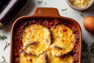 "Overhead view of a fresh eggplant and egg bake with melted cheese in a ceramic dish, surrounded by ingredients like whole eggplants, eggs, cheese, and oregano, against a neutral background."