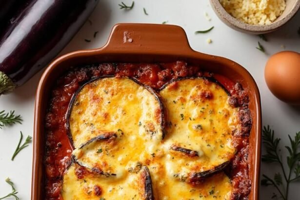 "Overhead view of a fresh eggplant and egg bake with melted cheese in a ceramic dish, surrounded by ingredients like whole eggplants, eggs, cheese, and oregano, against a neutral background."