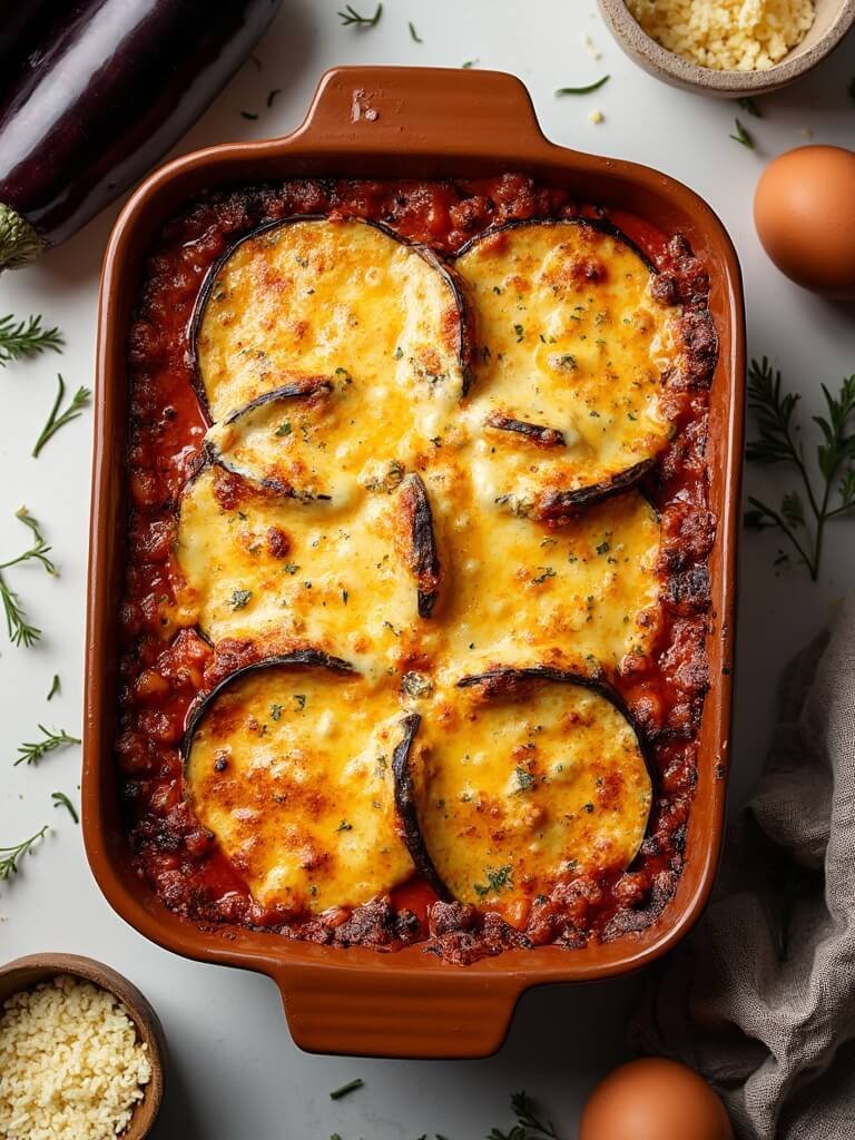 "Overhead view of a fresh eggplant and egg bake with melted cheese in a ceramic dish, surrounded by ingredients like whole eggplants, eggs, cheese, and oregano, against a neutral background."