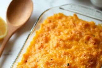 "Overhead shot of golden brown chicken casserole with crispy cracker topping and melted cheese in a baking dish on a clean white marble countertop, garnished with fresh parsley and a halved lemon"
