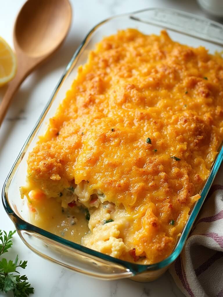 "Overhead shot of golden brown chicken casserole with crispy cracker topping and melted cheese in a baking dish on a clean white marble countertop, garnished with fresh parsley and a halved lemon"