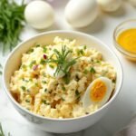 "Overhead shot of chunky hard boiled egg salad with fresh herbs, mayonnaise, and red onion in a white ceramic bowl, surrounded by ingredients on a clean marble countertop"