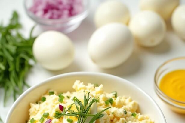 "Overhead shot of chunky hard boiled egg salad with fresh herbs, mayonnaise, and red onion in a white ceramic bowl, surrounded by ingredients on a clean marble countertop"