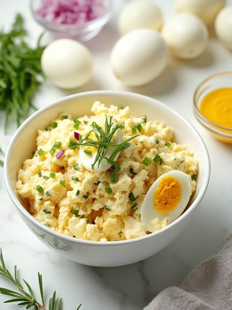 "Overhead shot of chunky hard boiled egg salad with fresh herbs, mayonnaise, and red onion in a white ceramic bowl, surrounded by ingredients on a clean marble countertop"