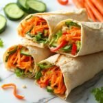 "Four healthy vegetable wraps with shredded carrots, cucumber, bell peppers and hummus on a clean white marble background"
