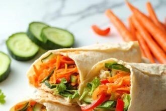 "Four healthy vegetable wraps with shredded carrots, cucumber, bell peppers and hummus on a clean white marble background"