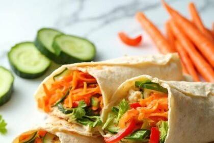 "Four healthy vegetable wraps with shredded carrots, cucumber, bell peppers and hummus on a clean white marble background"