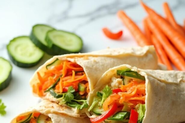 "Four healthy vegetable wraps with shredded carrots, cucumber, bell peppers and hummus on a clean white marble background"