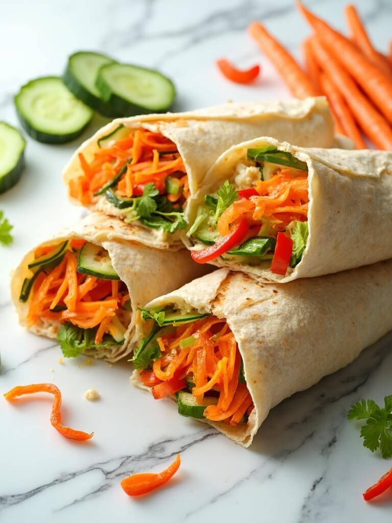 "Four healthy vegetable wraps with shredded carrots, cucumber, bell peppers and hummus on a clean white marble background"