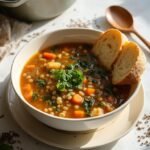"Hearty lentil soup with vegetables, bread, and wooden spoon on white marble surface under natural daylight"
