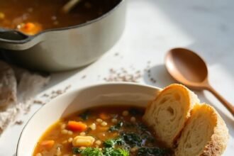"Hearty lentil soup with vegetables, bread, and wooden spoon on white marble surface under natural daylight"