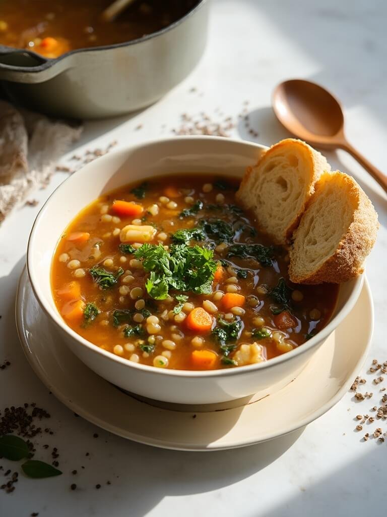 "Hearty lentil soup with vegetables, bread, and wooden spoon on white marble surface under natural daylight"