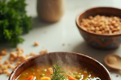"Hearty lentil and vegetable soup with carrots, celery, and onions in a rustic bowl on a clean, white marble background"