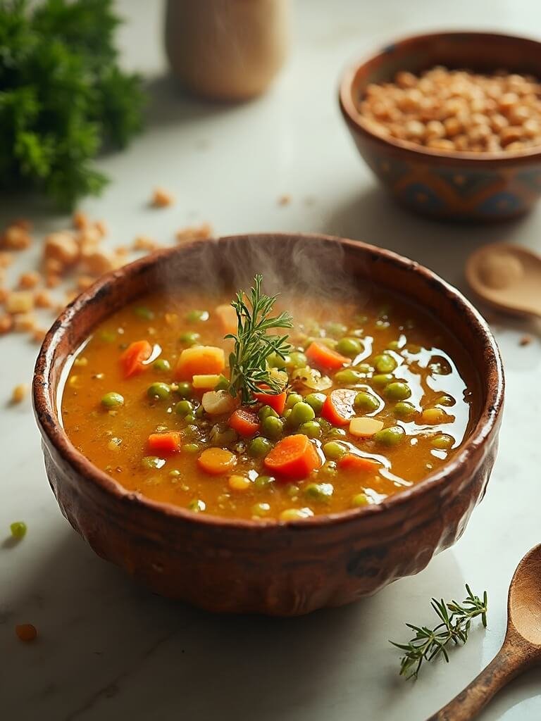 "Hearty lentil and vegetable soup with carrots, celery, and onions in a rustic bowl on a clean, white marble background"