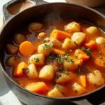 "Hearty root vegetable stew in a rustic Dutch oven with carrots, potatoes, sweet potatoes and beans, garnished with chopped parsley and olive oil, on a white marble countertop in natural daylight."