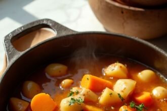 "Hearty root vegetable stew in a rustic Dutch oven with carrots, potatoes, sweet potatoes and beans, garnished with chopped parsley and olive oil, on a white marble countertop in natural daylight."
