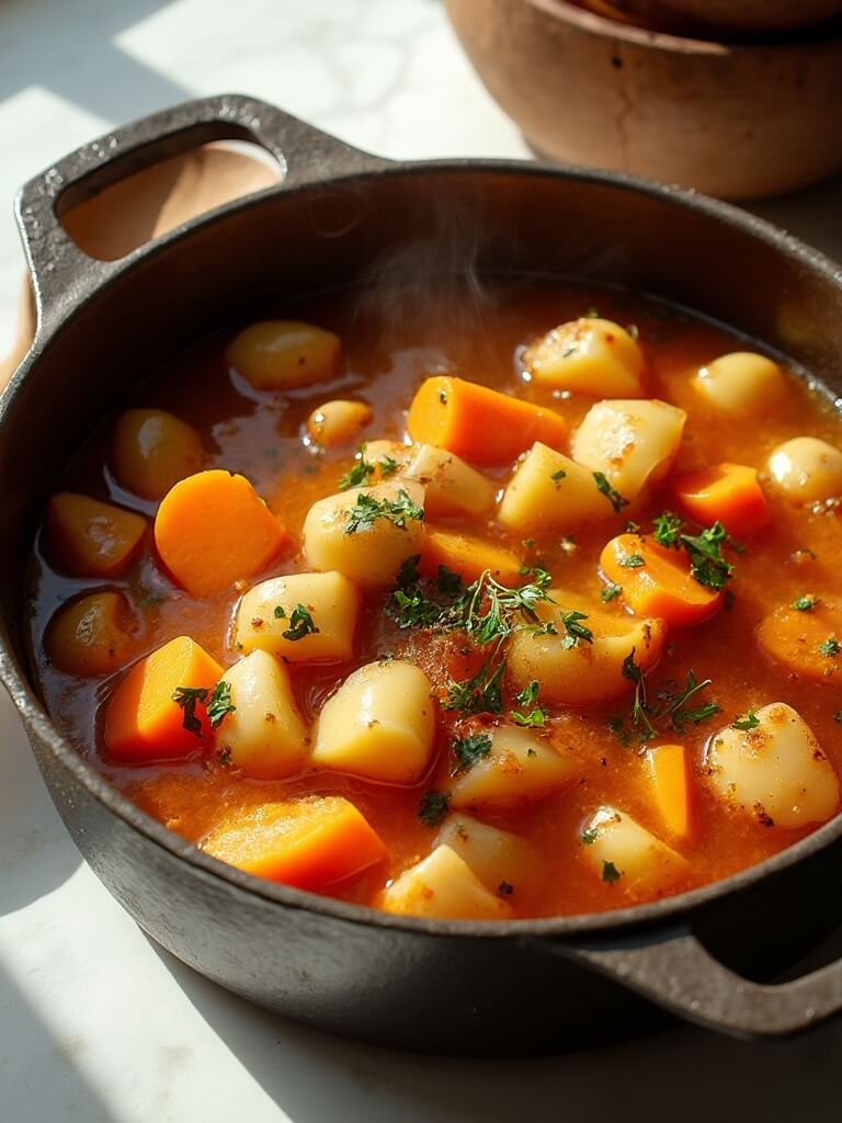 "Hearty root vegetable stew in a rustic Dutch oven with carrots, potatoes, sweet potatoes and beans, garnished with chopped parsley and olive oil, on a white marble countertop in natural daylight."