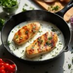 "Seared chicken breast with creamy yogurt sauce and diced vegetables in a skillet on a kitchen countertop"