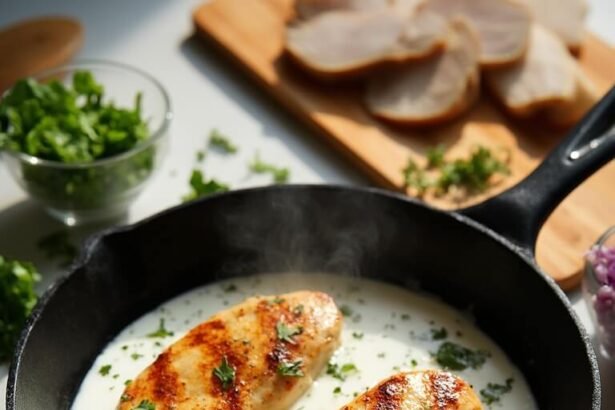 "Seared chicken breast with creamy yogurt sauce and diced vegetables in a skillet on a kitchen countertop"